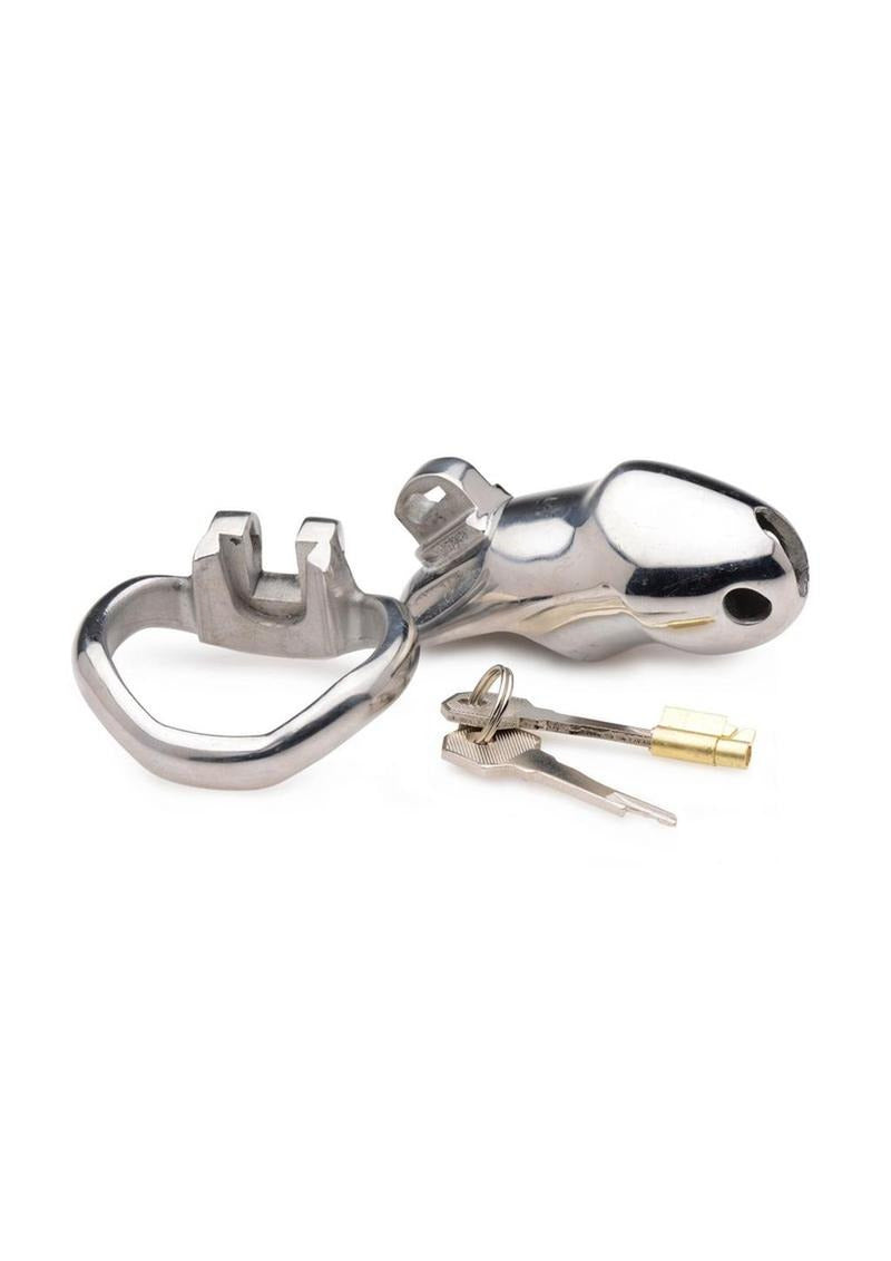 Master Series Rikers 24-7 Stainless Steel Locking Chastity Cage with key and locking mechanism.