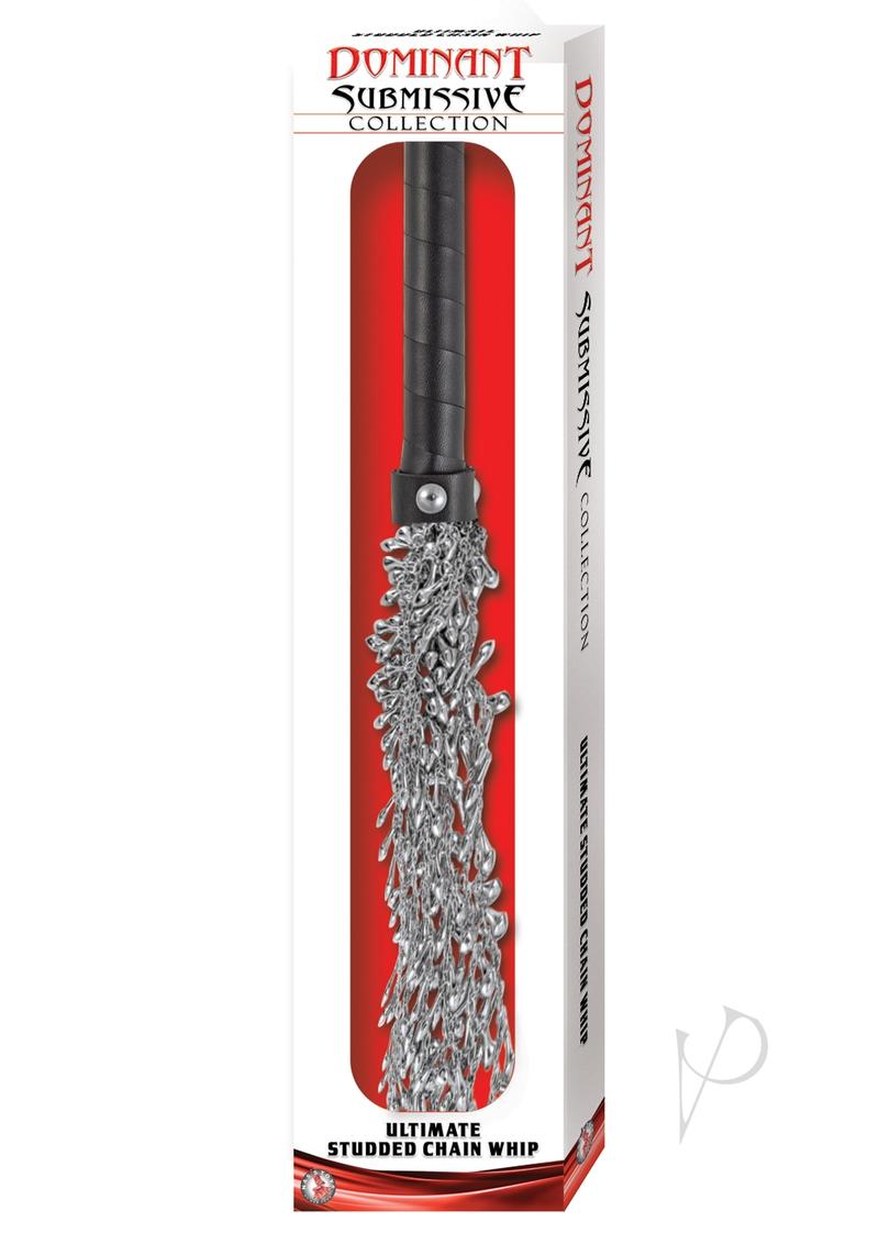 Dominant Submissive Ultimate Studded Chain Whip Silver with flexible chains and studded pendants for impact play.