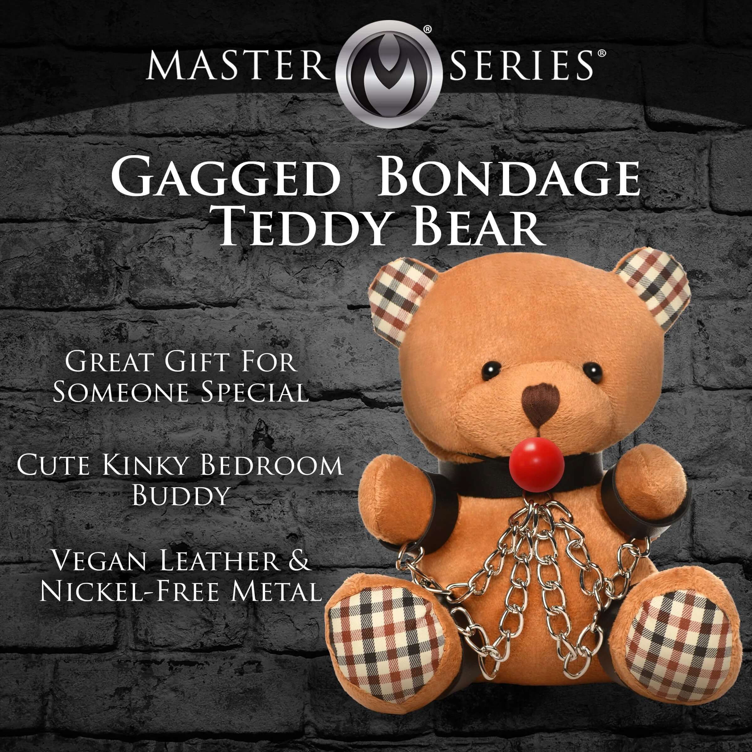 Gagged Teddy Bear Plush featuring a cute design with chains and a red gag, perfect as a humorous gift.