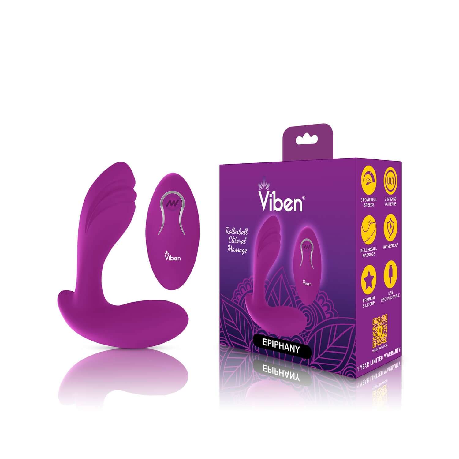 Viben Epiphany Clitoral Rollerball Panty Vibe Berry displayed with packaging and remote control.