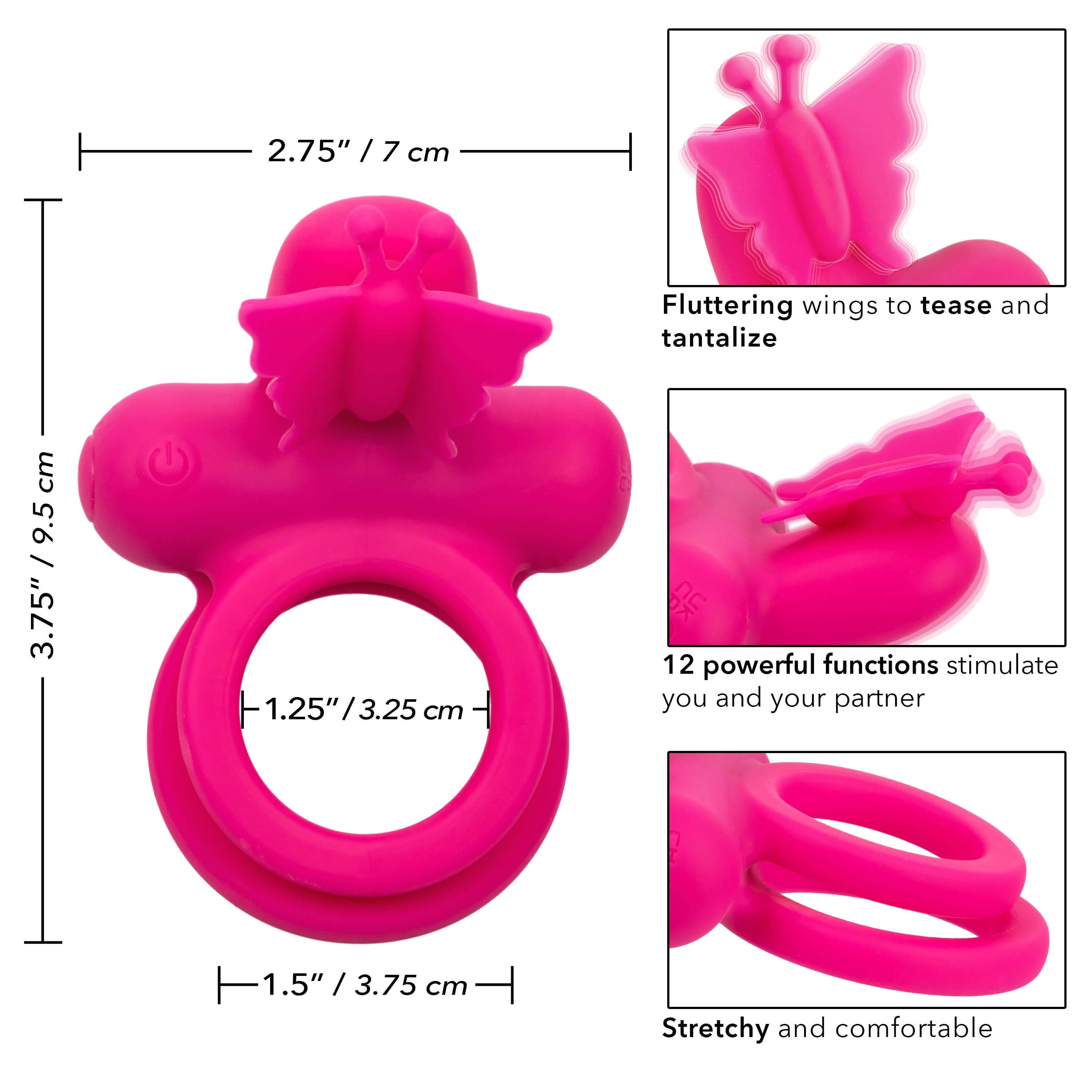 Silicone Rechargeable Dual Butterfly Ring Pink features fluttering wings and 12 powerful functions for enhanced pleasure.