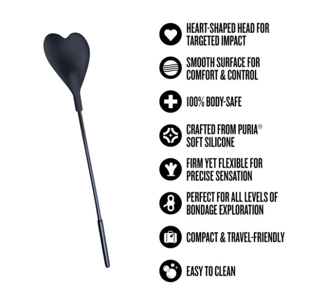 Temptasia Ardor Heart Crop Black features a heart-shaped head for targeted impact and is made from 100% body-safe silicone.