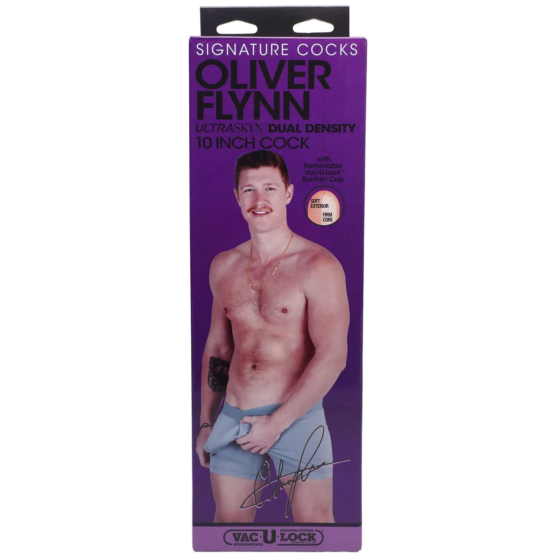Signature Cocks Oliver Flynn Ultraskyn Dual Density 10 Inch Cock packaging with lifelike design and handcrafted ULTRASKYN for ultimate feel