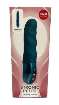 Fun Factory Stronic Petite Thrusting Pulsator Bottle Green in packaging, showcasing its ergonomic design and advanced pulsator technology.