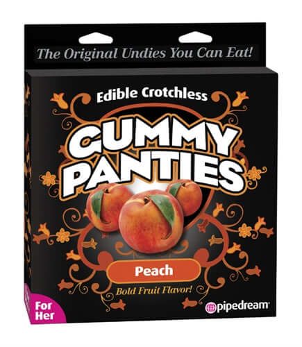 Edible Crotchles Gummy Panties Peach packaging featuring bold fruit flavor design and peach graphics.