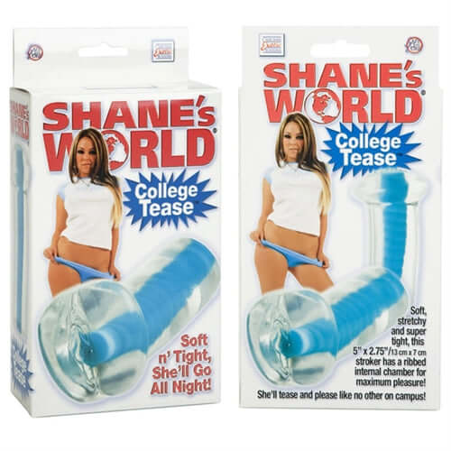 Shanes World Strokes College Tease Blue Stroker packaging showcasing the soft, stretchy design and ribbed tunnel for stimulation.