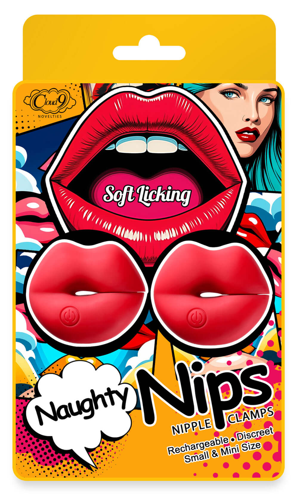 Naughty Lips Vibrating Nipple Clamps packaging with bright colors and playful design, featuring red nipple clamps and bold text.