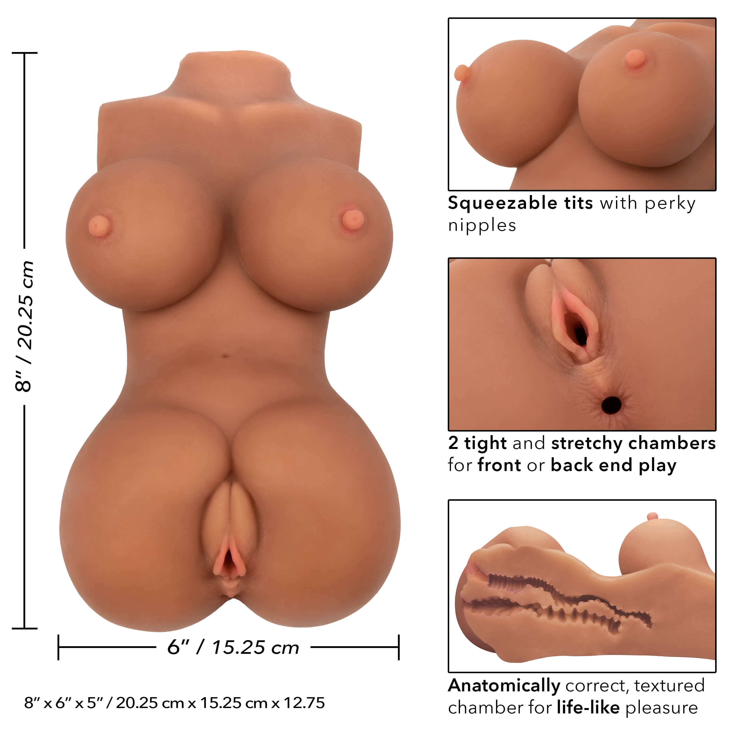 Stroke It Body Banger Masturbator Brown showcasing anatomically correct design, textured chambers, and squeezable features.