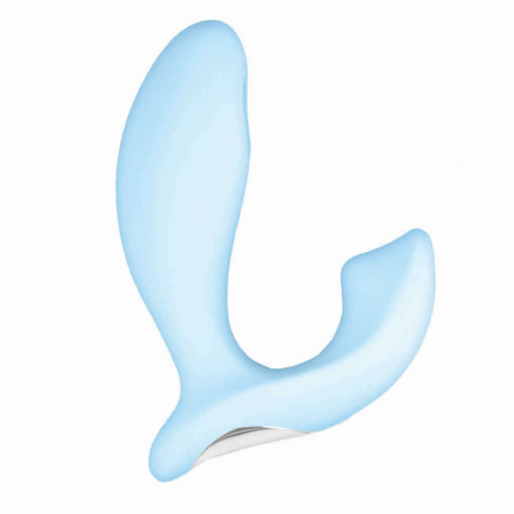 Sky Stratus Tapping Plug Massager Blue showcases its ergonomic design and dual-motor functionality for targeted stimulation.