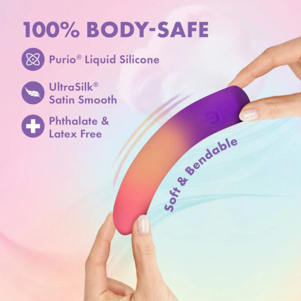 Play With Me Vibrator Sunset Passion features 100% body-safe Purio liquid silicone and a soft, bendable design.