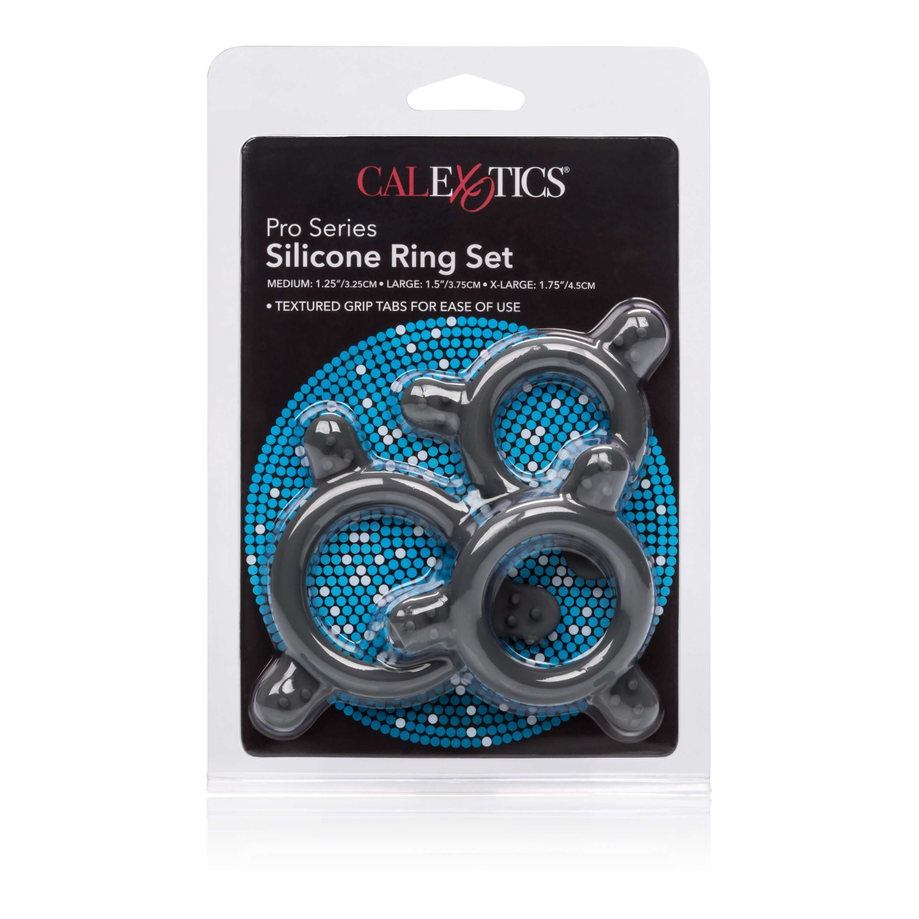 Pro Series Silicone Ring Set packaging showcasing three silicone rings with grip tabs on a blue dotted background.