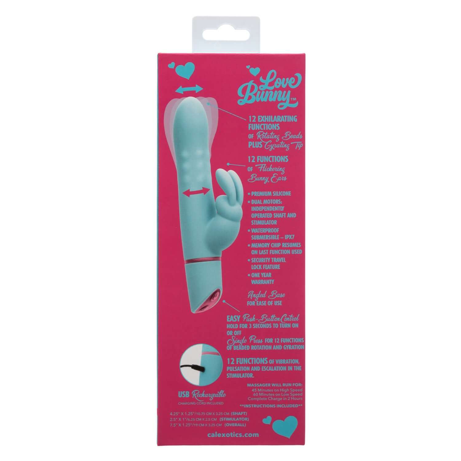 Blue Love Bunny Rotating Bunny Massager packaging featuring product details and design highlights.
