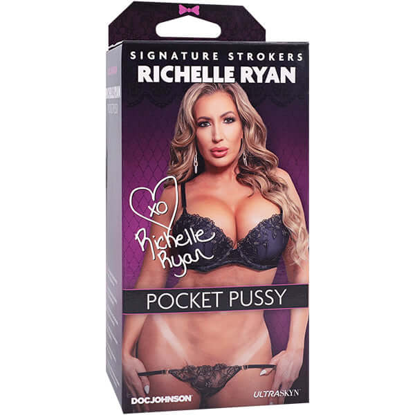 Richelle Ryan Signature Stroker Pocket Pussy packaging featuring a sensual photo and ULTRASKYN material description.
