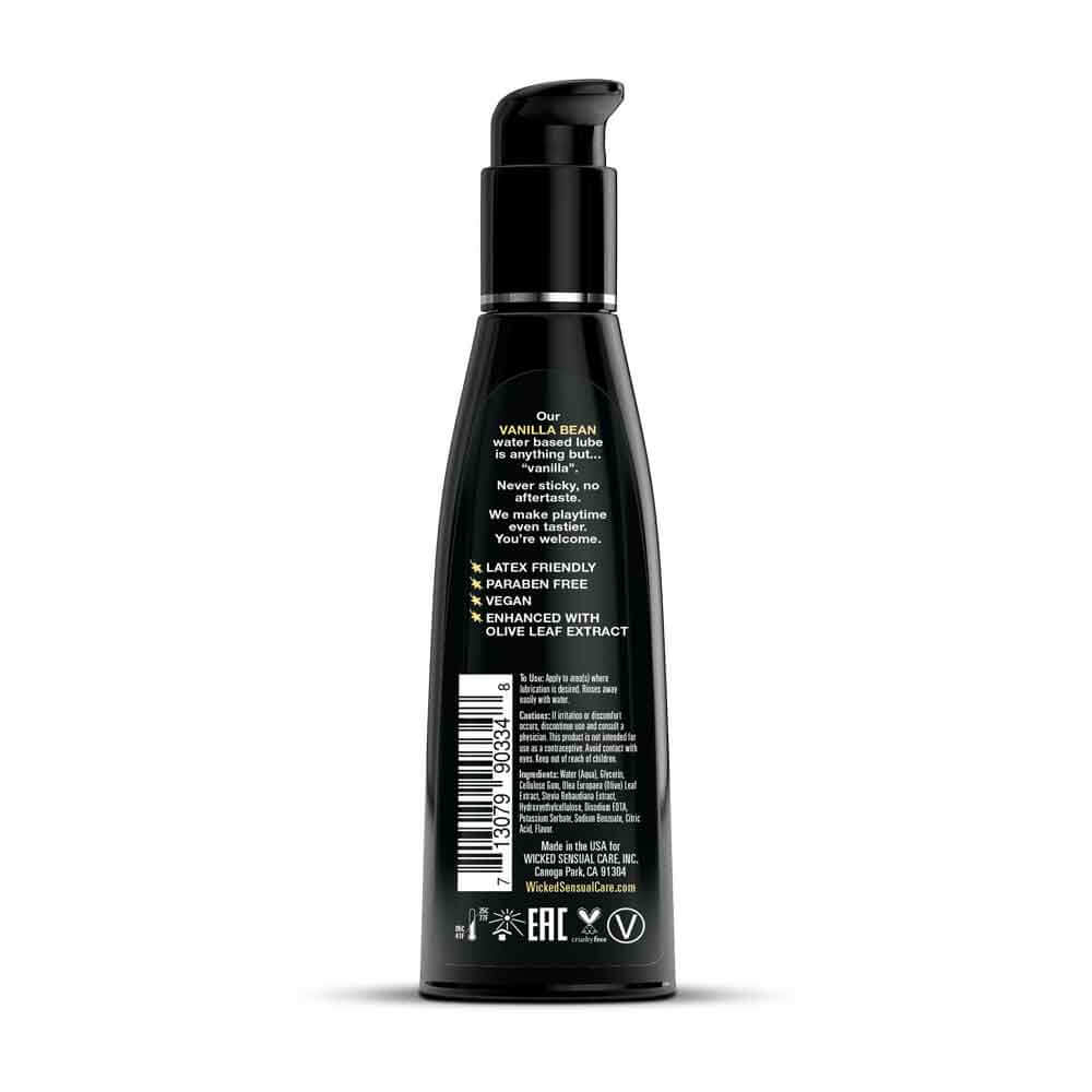 Wicked Aqua Vanilla Bean Water Based Lubricant 4 Oz bottle back view with ingredient details.