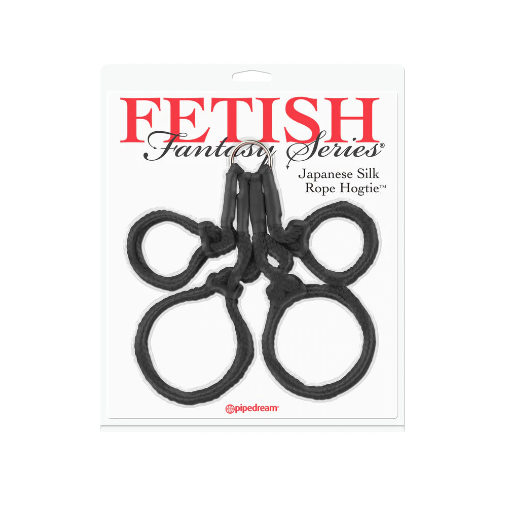 Fetish Fantasy Series Japanese Silk Rope Hogtie Black packaging with black silk ropes for bondage.