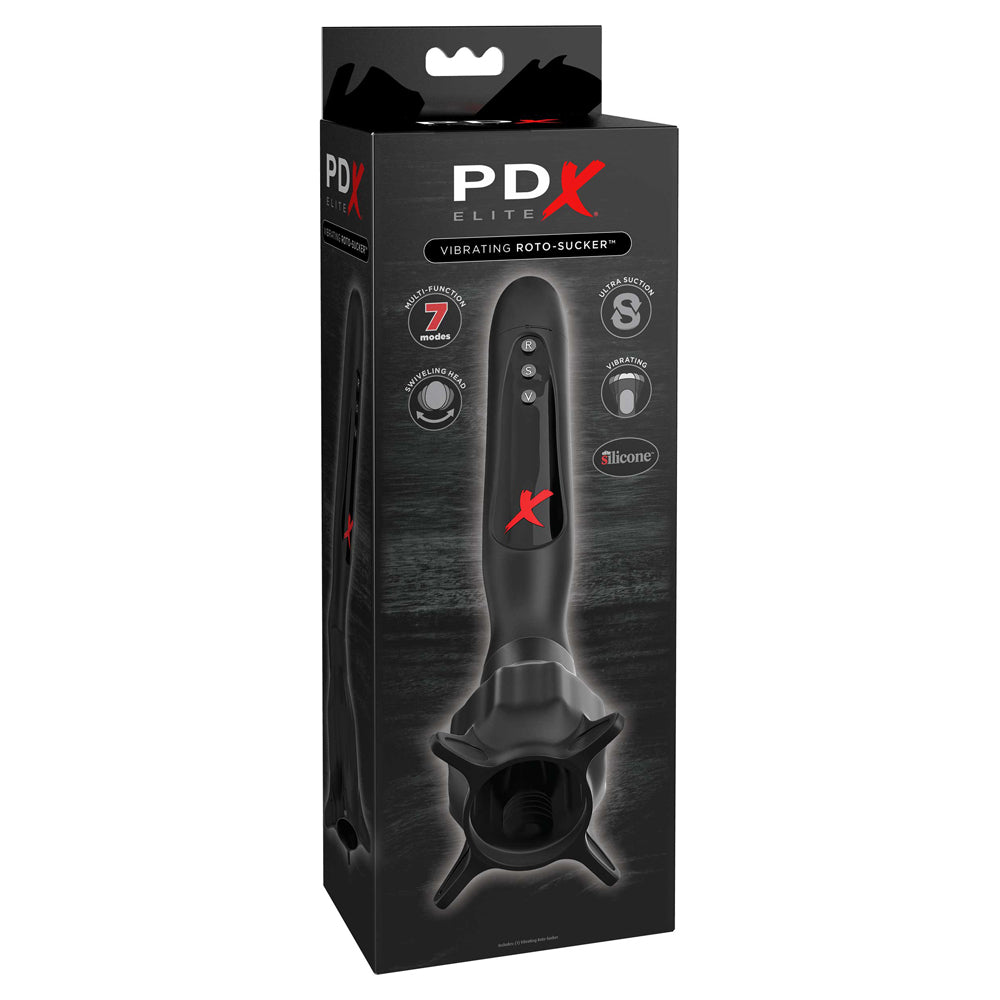 PDX Elite Vibrating Roto-Sucker Masturbator packaging with features and sleek design showcased.