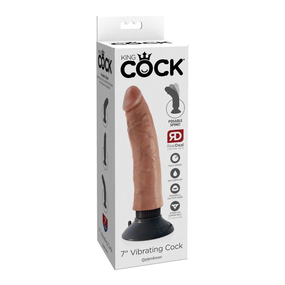 King Cock 7 Inch Vibrating Cock Tan packaging feature, showcasing its posable spine and realistic design by Pipedream.