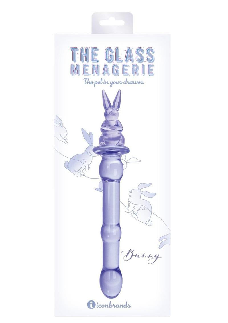 Glass Menagerie Rabbit Dildo Purple in packaging, showcasing its unique design and handcrafted elegance.