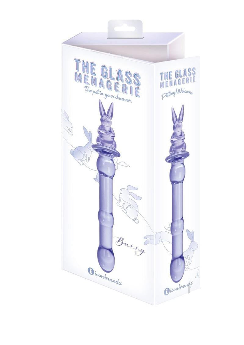 Glass Menagerie Rabbit Dildo Purple packaging featuring charming rabbit design and elegant glass craft.
