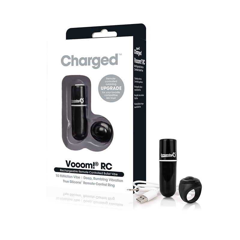 Screaming O Charged Vooom Remote Control Bullet Black packaging with massager and remote control ring.