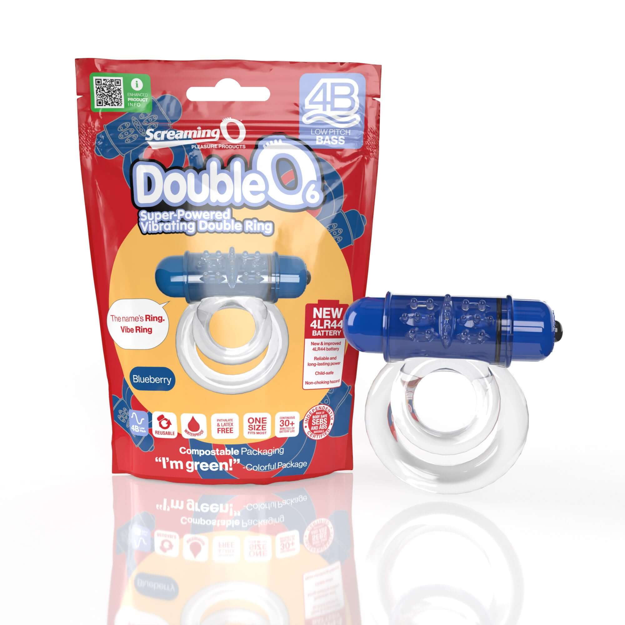 Screaming O 4B Double O Super Powered Ring Blueberry packaging and product display for enhanced pleasure.