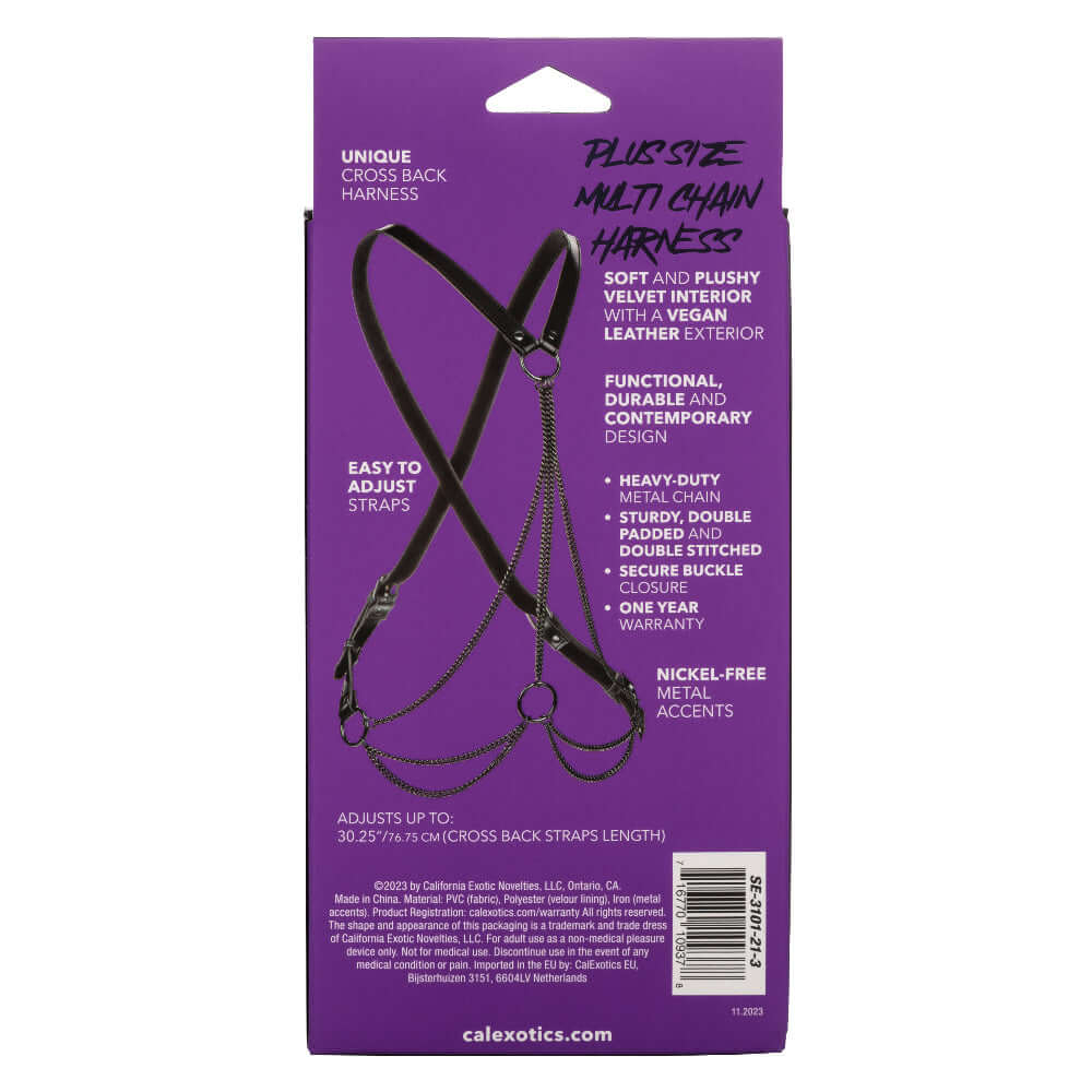 Euphoria Collection Plus Size Multi Chain Harness product packaging showing cross back design and features on a purple background.