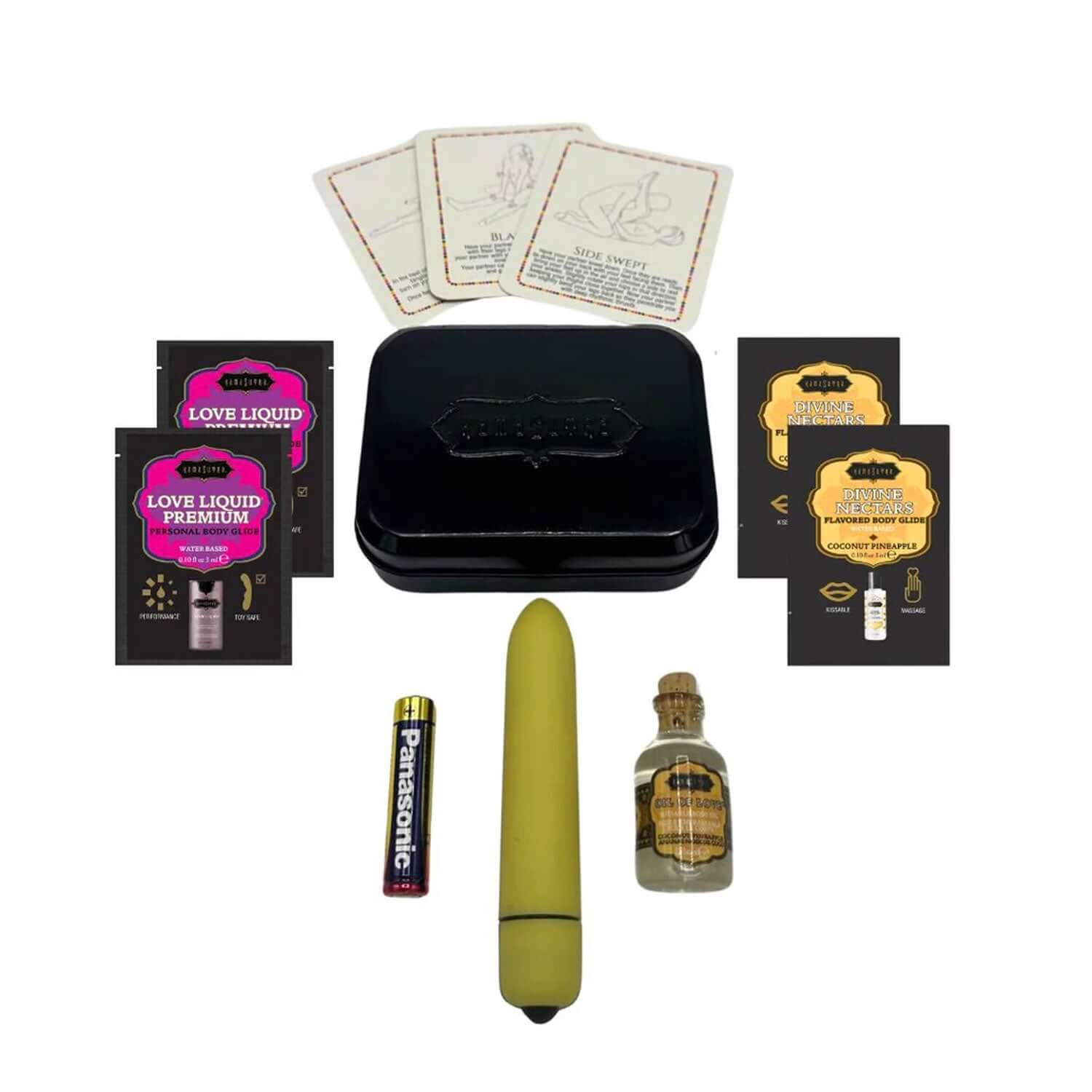Kama Sutra Weekender Kit with mini vibe, love liquid samples, battery, and massage oil for travel fun.