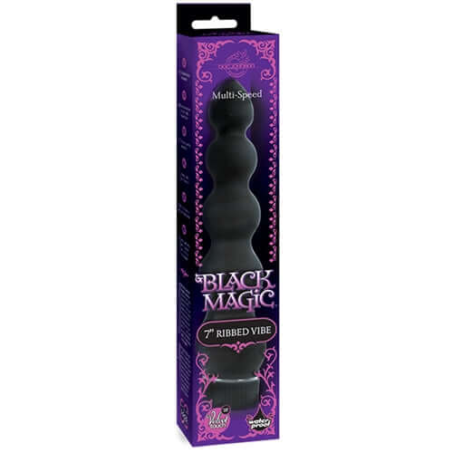 Black Magic 7 Inch Ribbed Vibrator Black in packaging showcasing its multi-speed ribbed design.