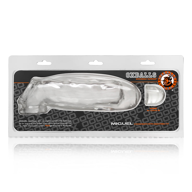 Oxballs Miguel Cock Sheath Penis Sleeve Clear in packaging, showcasing its design and material.