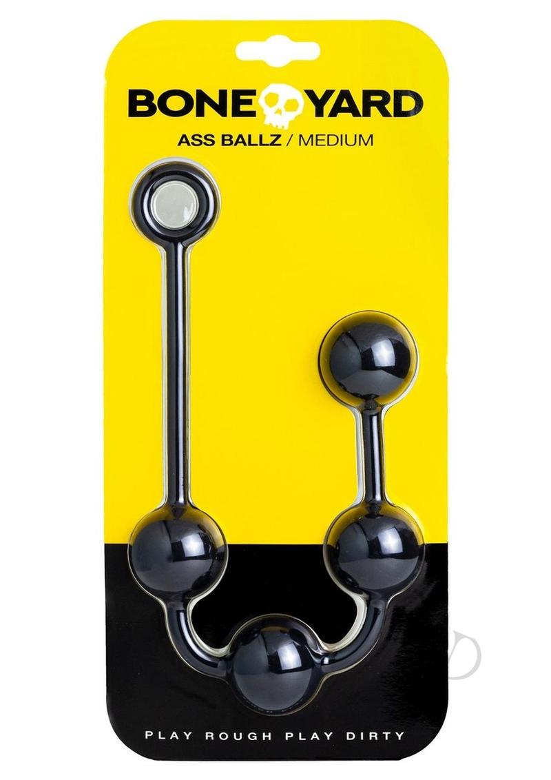 Boneyard Ass Ballz Silicone Anal Beads Medium Black displayed on packaging with a vibrant yellow background.