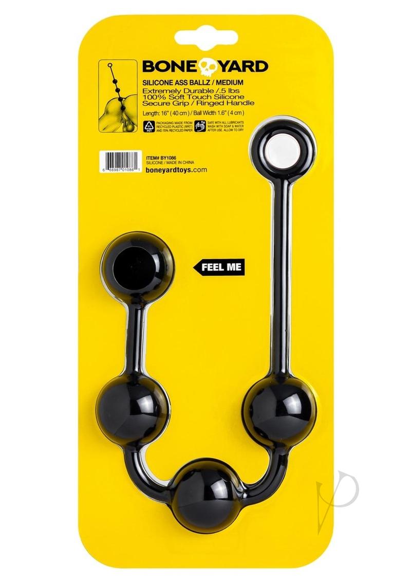 Boneyard Ass Ballz Silicone Anal Beads Medium Black in packaging showcasing durable design and soft touch silicone.