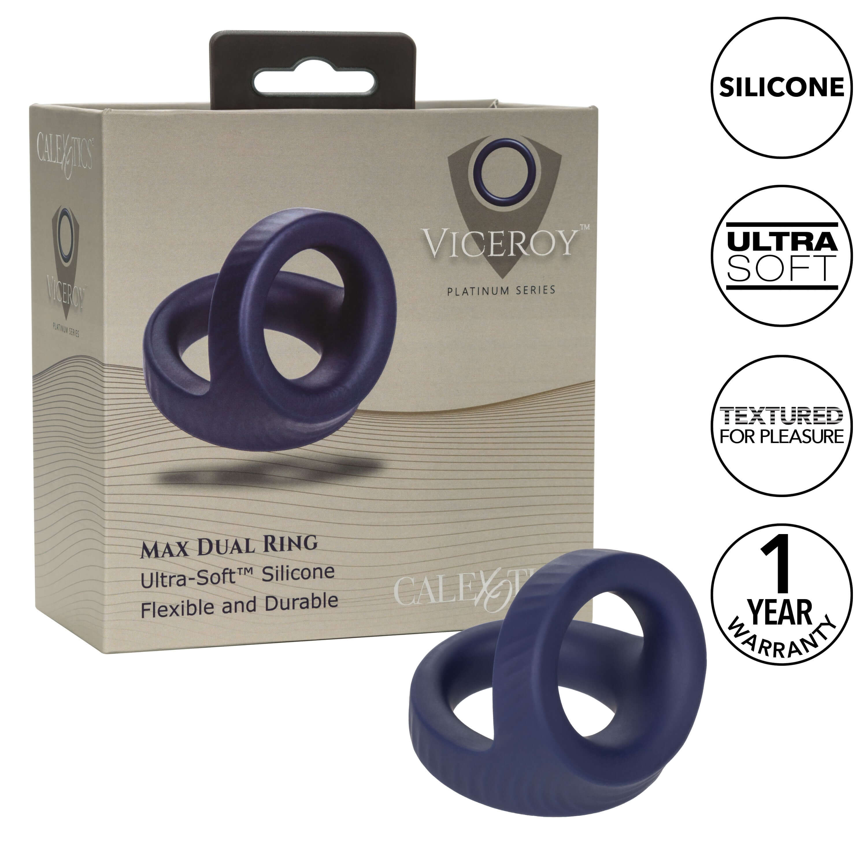 Viceroy Max Dual Silicone Ring packaging showcasing ultra-soft silicone texture and flexible design for enhanced pleasure.