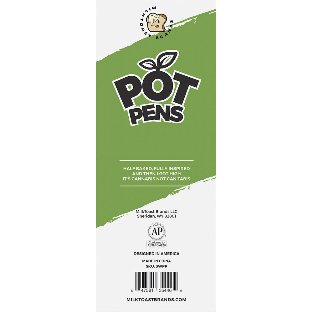 Wood Rocket Pot Pens 3 Pack Cannabis Gag Gift packaging featuring playful cannabis-themed design and description.