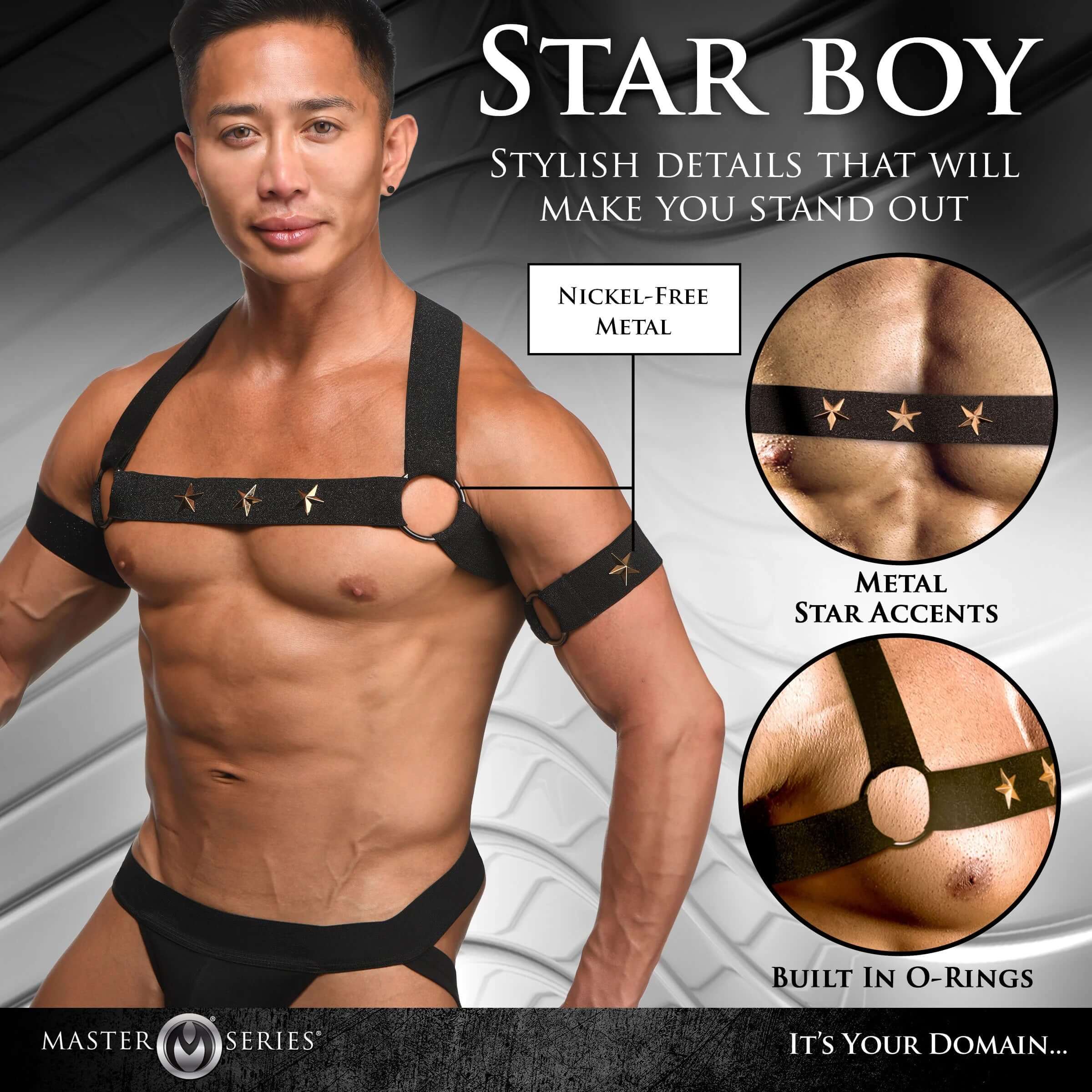 Man wearing black male chest harness with metal star accents and armbands, highlighting nickel-free metal and built-in O-rings.