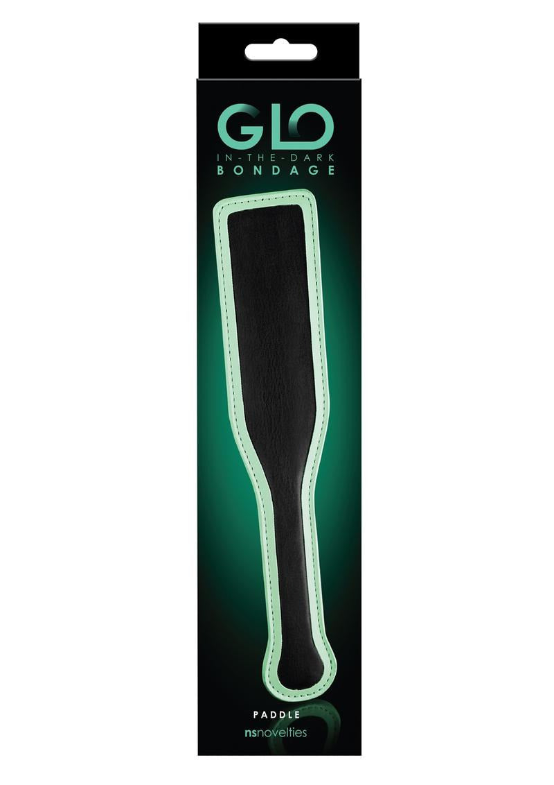 GLO Bondage Glow In The Dark Paddle Green packaging showcasing its unique design for impact play.