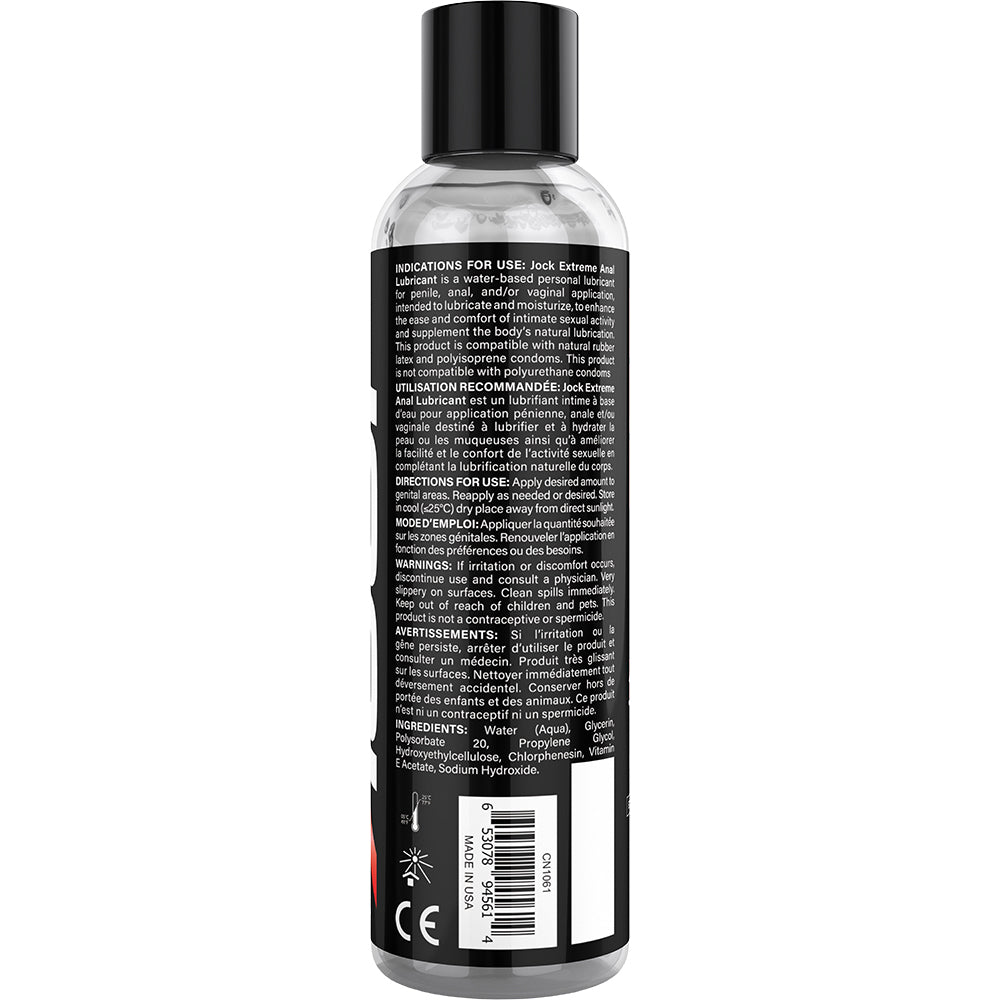 Back view of Jock Extreme Anal Lubricant 8 Oz bottle showing ingredients and usage instructions.