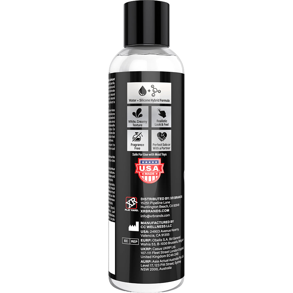 Jock Creamy Cum Lubricant 8 Oz on black bottle showcasing water-silicone hybrid formula and usage instructions.