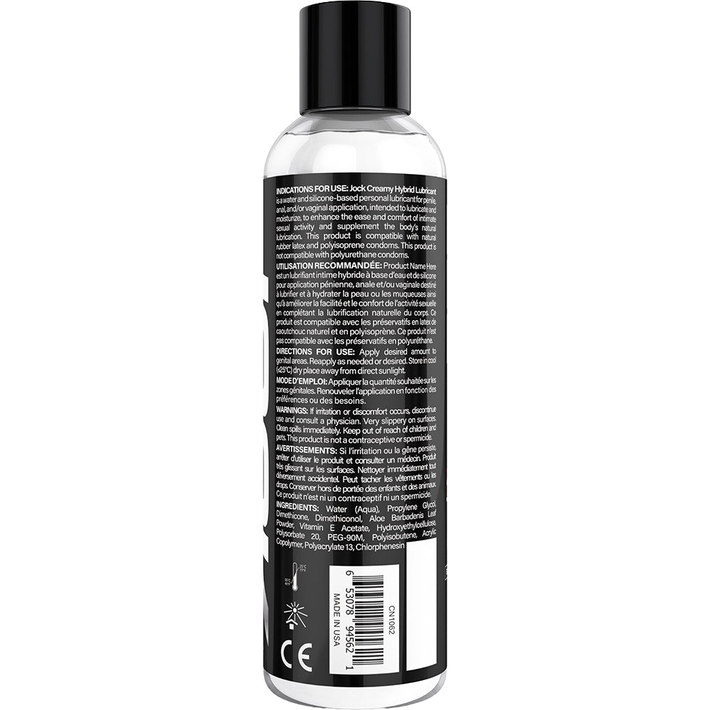 Back view of Jock Creamy Cum Lubricant 8 Oz bottle with instructions and ingredients listed.