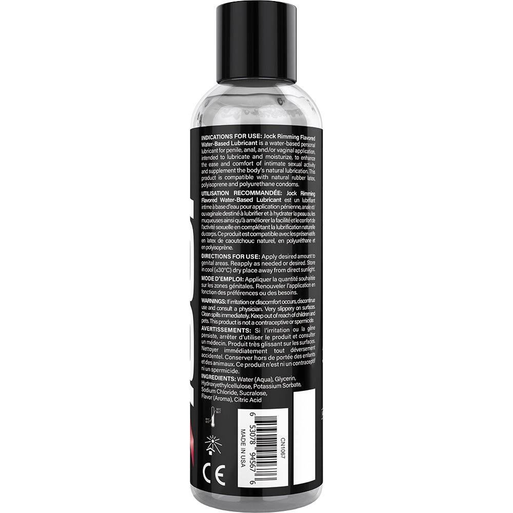 Jock Rimming Lubricant Cherry 8 Oz bottle back view with instructions and ingredients.
