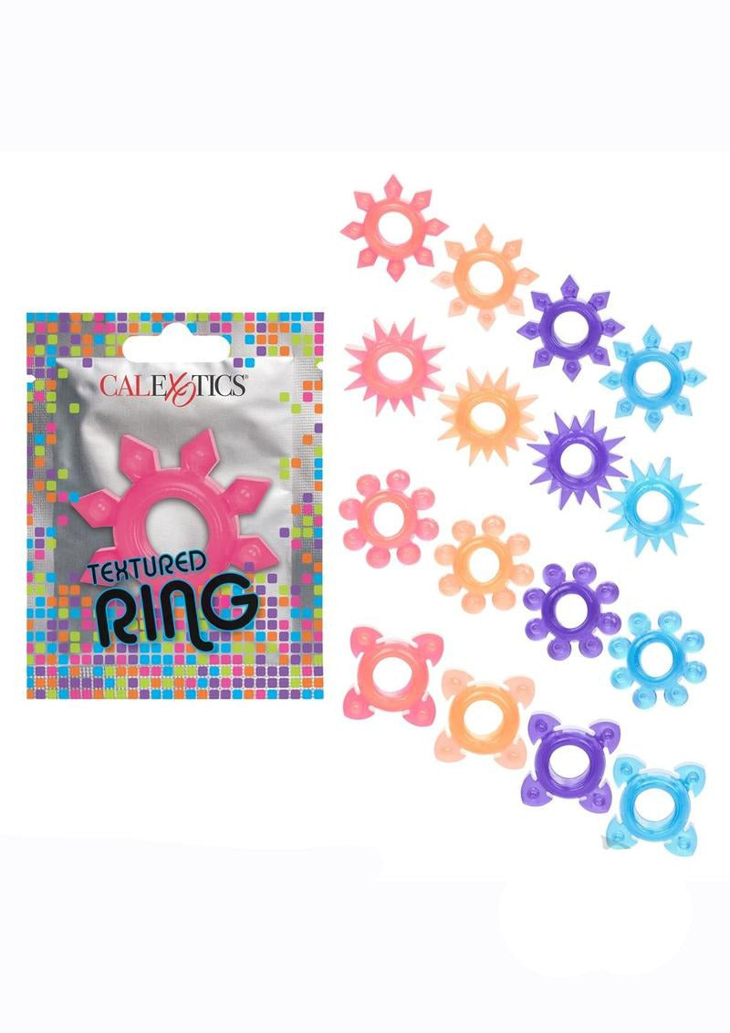 Foil Pack Textured Cock Ring Assorted Colors featuring various colorful textured rings in a package.
