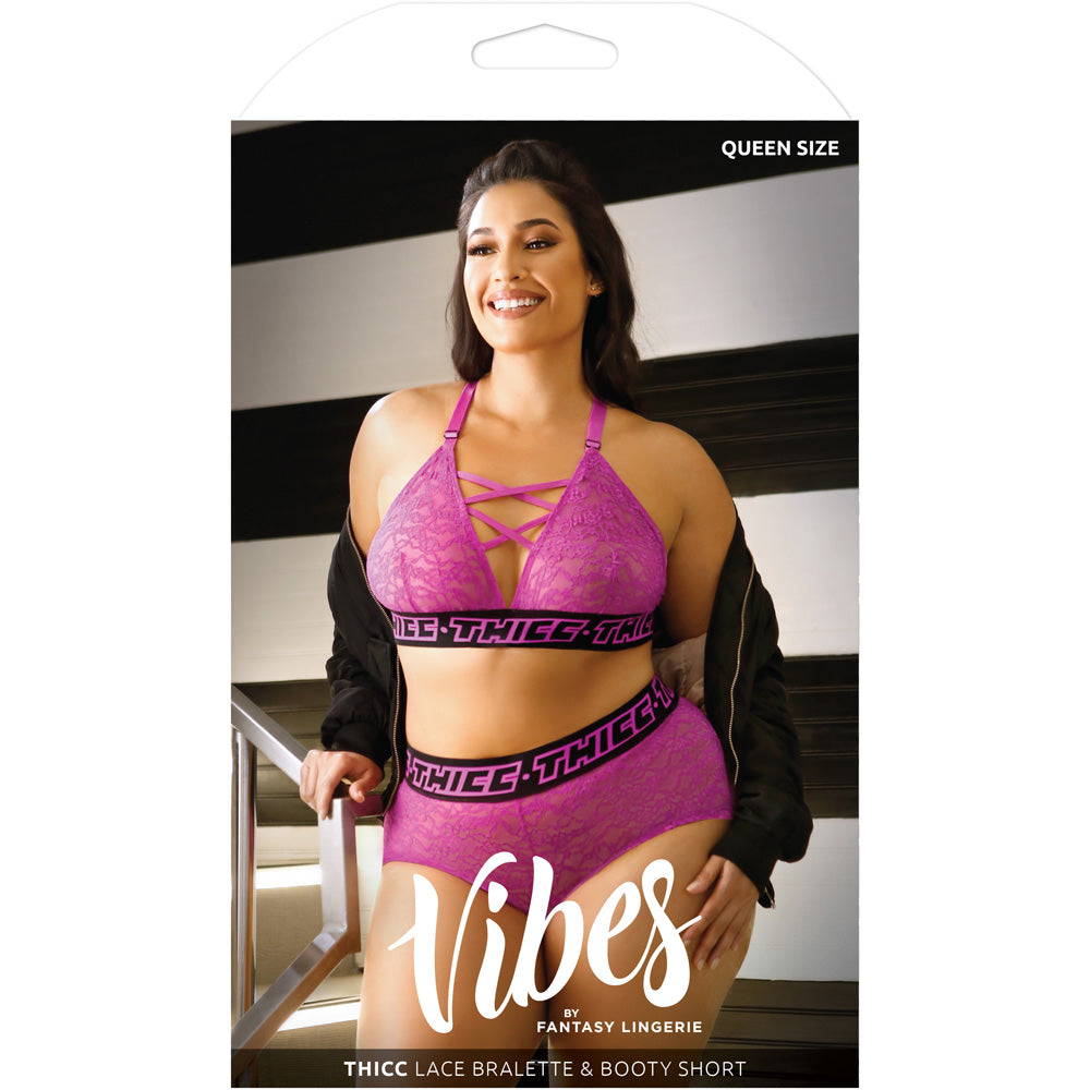 Thicc Lace Bralette & Booty Short Queen model showcases the pink lace set with a bold elastic band.
