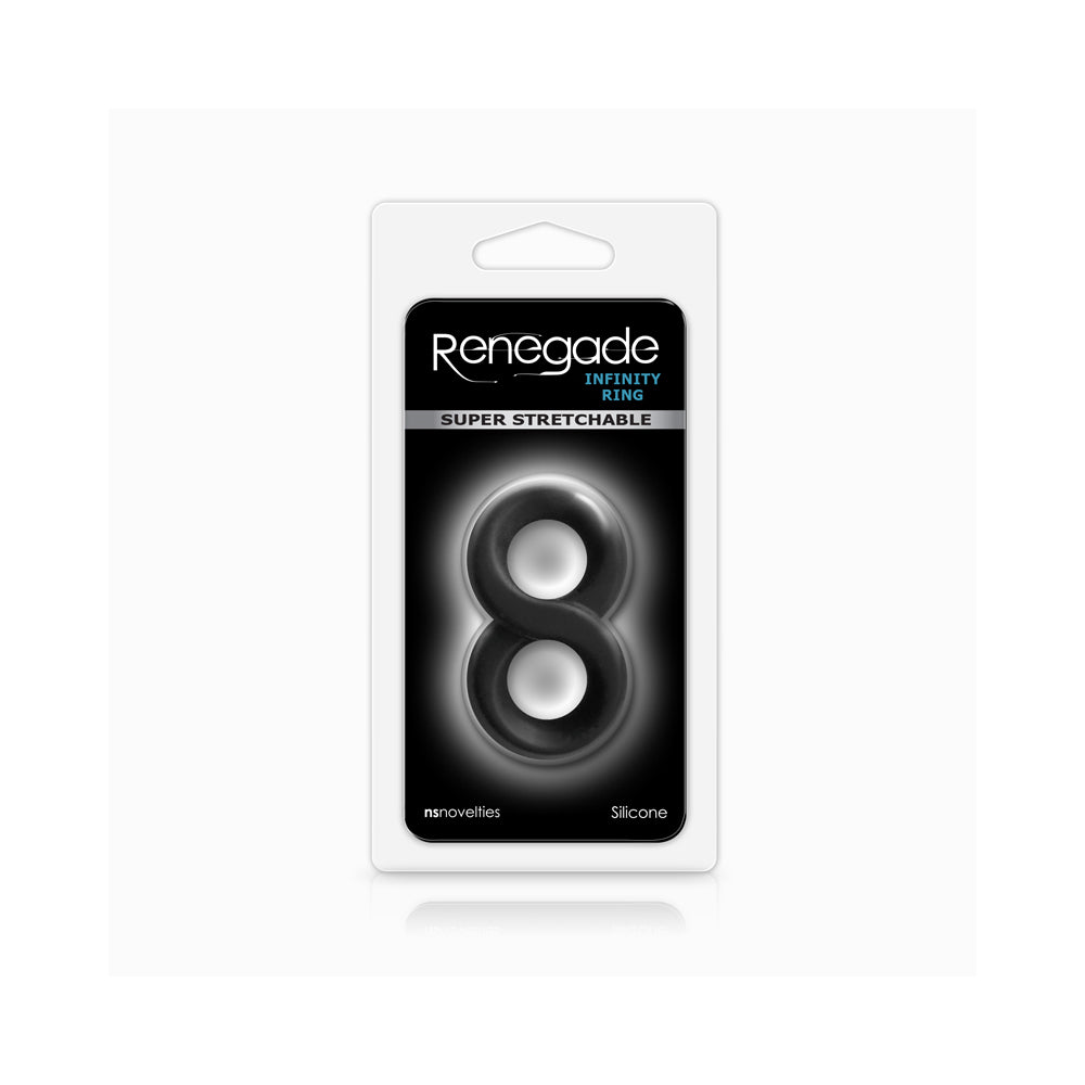 NS Novelties Renegade Infinity Cock Ring Black packaging with super stretchable design.