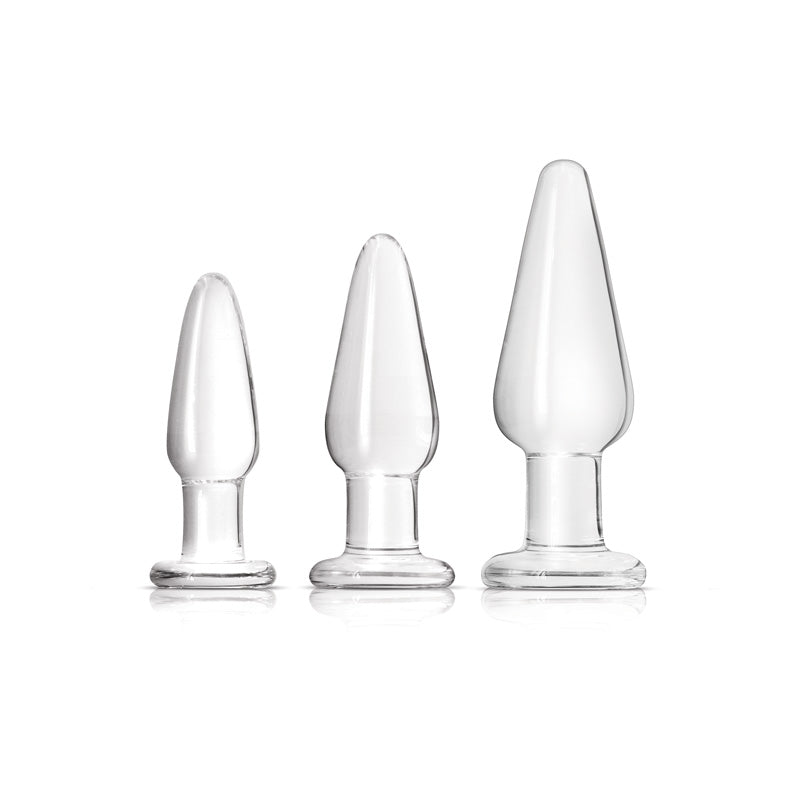 NS Novelties Crystal Tapered Glass Anal Plug Kit Clear featuring three sizes of clear glass anal plugs.