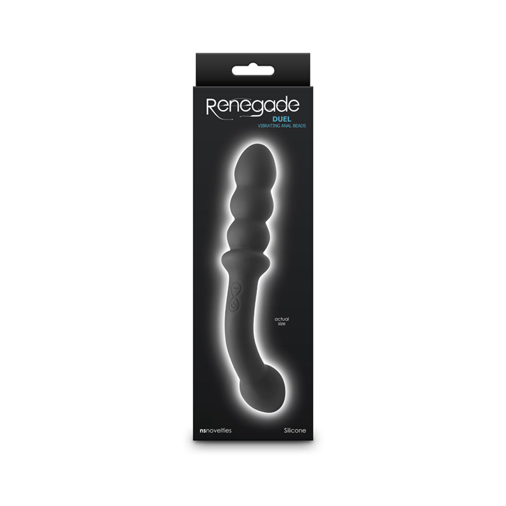 Renegade Duel Dual Ended Anal Bead Vibrator Black packaging featuring sleek design and dual functionalities.
