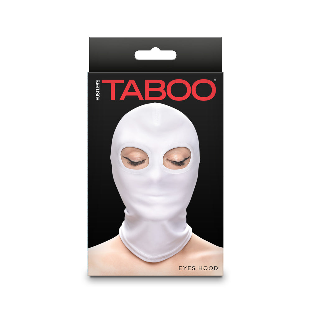 Hustler's Taboo Eyes Hood White packaging featuring model wearing hood with eyes exposed.