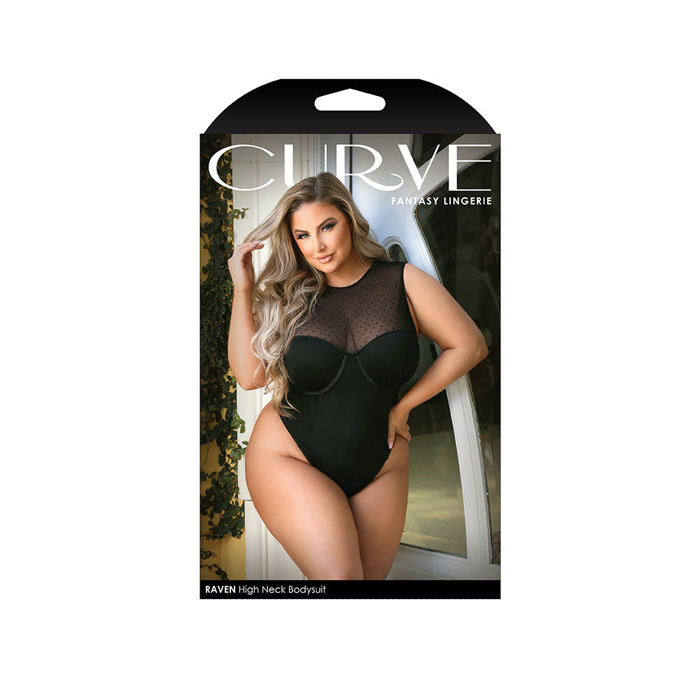 Fantasy Lingerie Raven High Neck Bodysuit 3X/4X showcased on model, featuring modern design and open back.