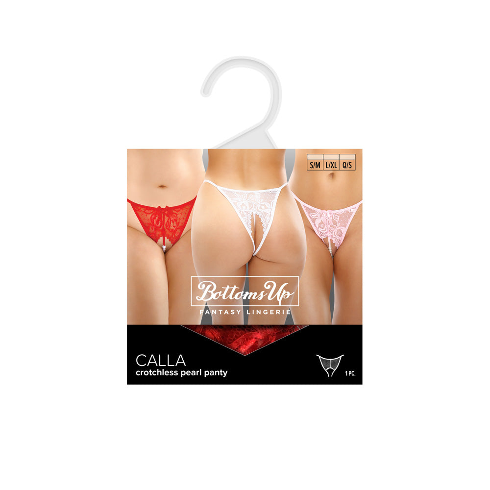 Calla Crotchless Lace Pearl Panty Light Pink Queen Size showcased in a packaging with other colors.