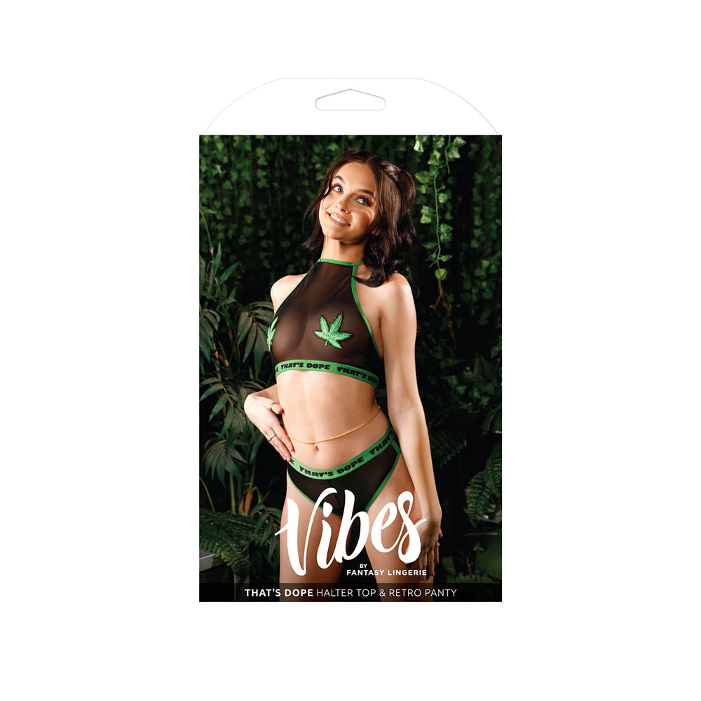 That's Dope Mesh Halter Top and Retro Panty Set M/L Black showcased on a model, featuring leaf designs and streetwear style.
