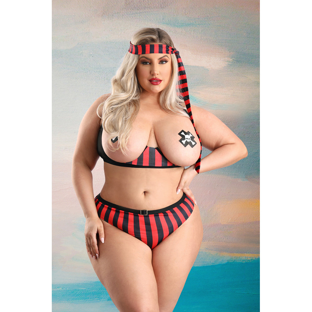 Fantasy Lingerie Treasured Pirate Costume Set 3X/4X Red model in bold red and black striped outfit with matching headband and pasties.