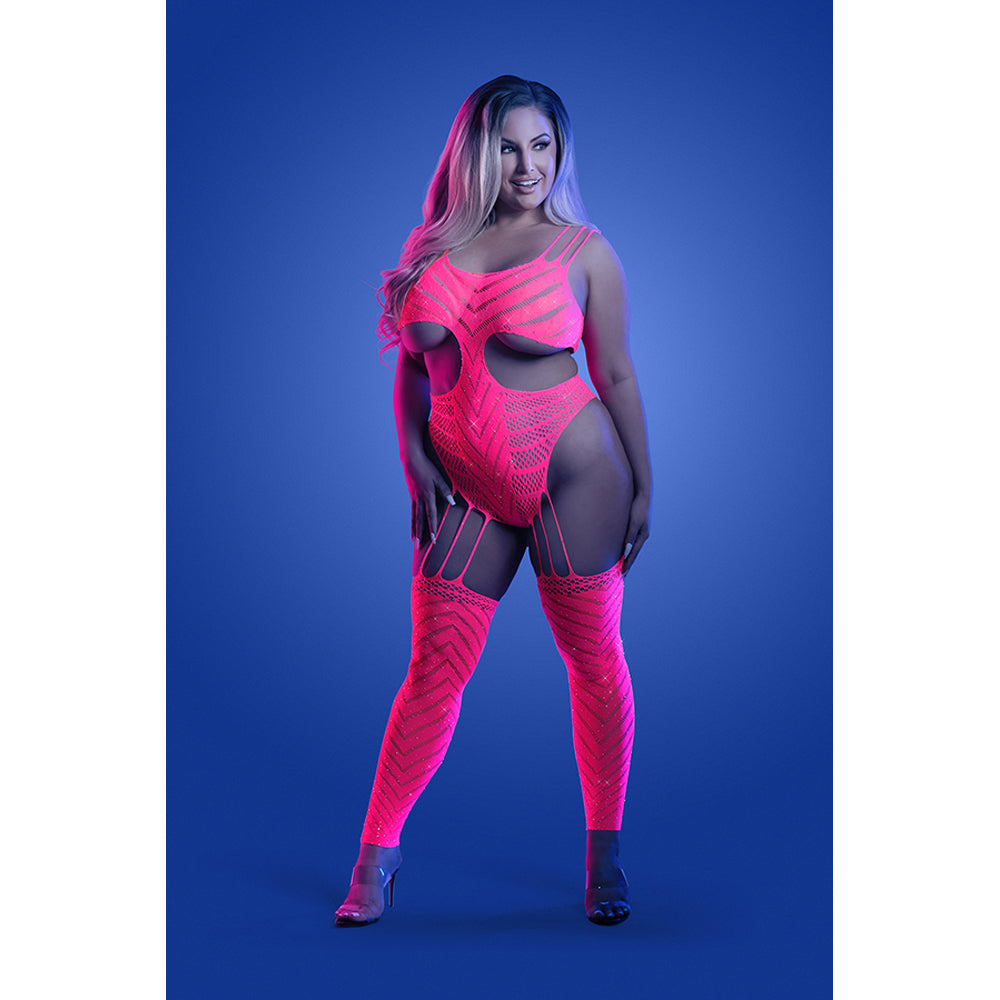 Wavelength Cutout Rhinestone Teddy Bodystocking Queen Size features a stunning model in a pink sheer bodystocking.